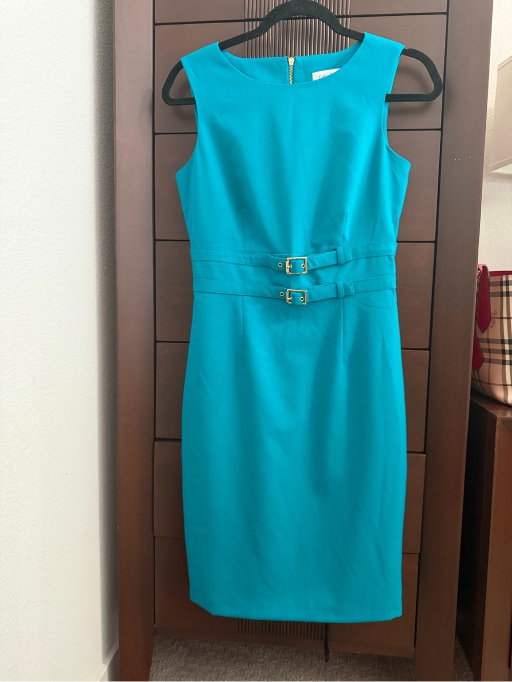 Calvin Klein Teal Midi Sheath Dress with Double Buckle Waist